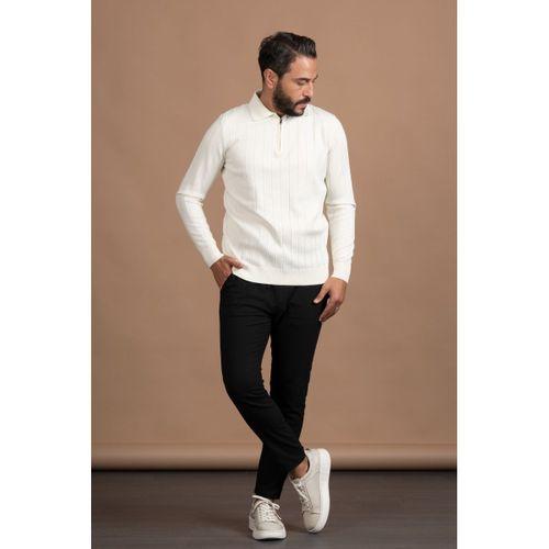 Fermuarlı Polo Yaka Polyamid Kumaş Kendinden Çizgili Likralı Triko Kazak