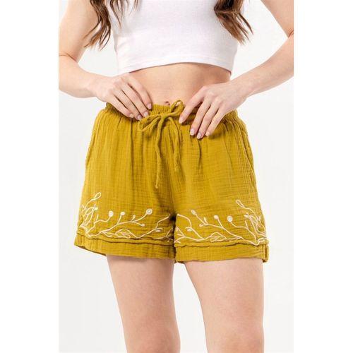 Beli Lastikli Cunda Çift Cepli Yazlık Nakışlı Müslin Mini Şort Yağ Yeşili Ygysl
