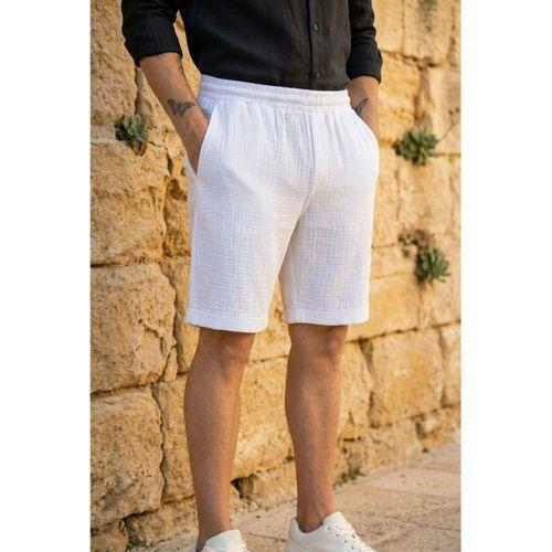 Hafif ve Rahat Duble Paça Müslin Erkek Şort - Beyaz