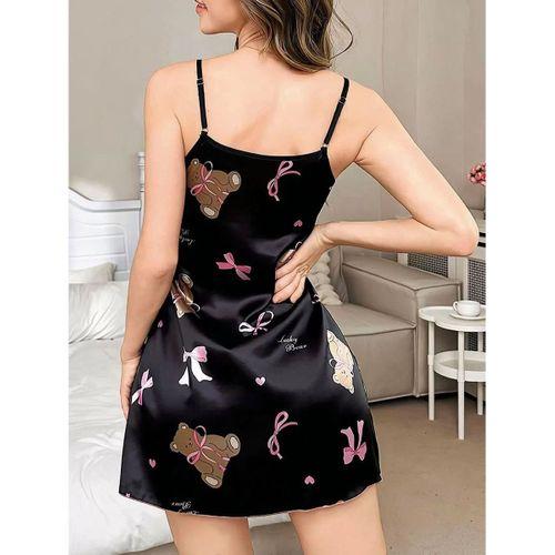 Siyah İnce Askılı Ayıcık Desenli Saten Mini Gecelik