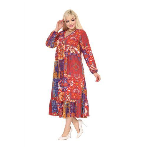 Melsay Butik Kışlık Robalı Yumoş Uzun Kollu Kırmızı Etnik Desen Elbise
