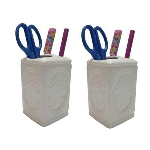 2 Adet Kalemlik Çiçekli Kare Model Seramik Ofis Gereci  8X8X11Cm