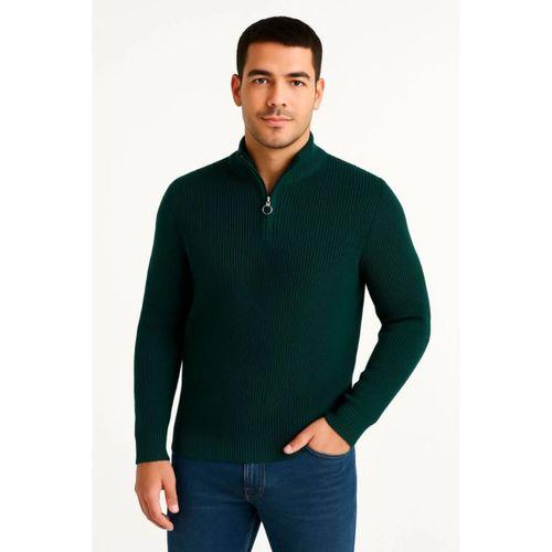 Erkek Yarım Fermuarlı Triko Kazak – Selanik Örgü, Dik Yaka, Pamuklu Dokuma, Regular Fit Uzun Kollu Kışlık Model - Haki