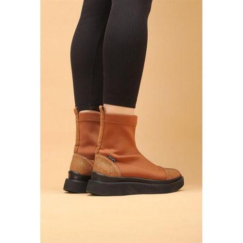 Afron Taba Renkli Taba Deri Detaylı Taşlı Siyah Taban Kışlık Kadın Bot