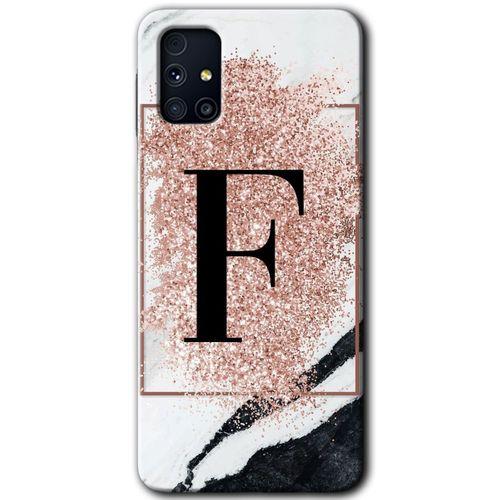 Samsung Galaxy M31s Kılıf Baskılı Kapak - Pembe Mermer Desenli F Harfi +Tam Ekran Koruyucu