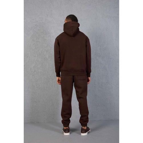 Şardonlu Kanguru Cepli Sweatshirt - 3 İplik Şardonlu Lastik Paça Erkek Eşofman Altı- Eşofman Takımı - Kahve