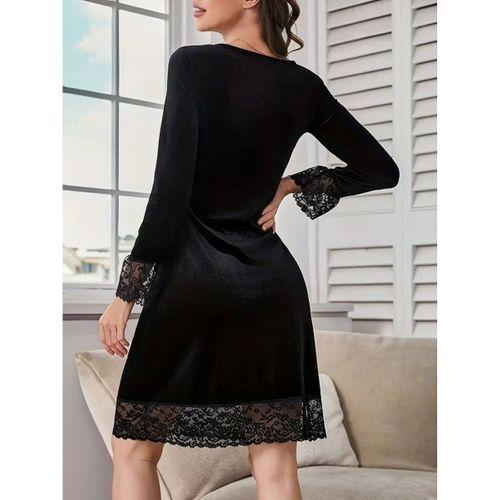 Kadın Uzun Kollu V Dantel Yakalı Mini Kadife Elbise