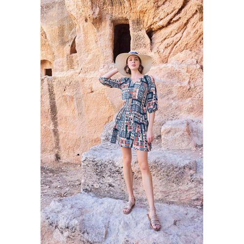 Etnik Desenli Truvakar Kollu V Yaka Elbise