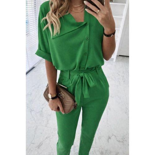 Kadın Kısa Kollu Yakalı önden Düğmeli Bürümcük Bluz Ve Pantolon Ikili Takım