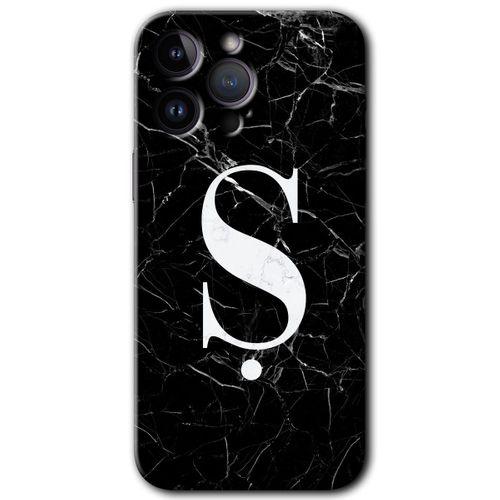 iPhone 14 Pro Kılıf HD Desen Baskılı Arka Kapak - Temperli Cam - Siyah Mermer Desenli Ş Harfi