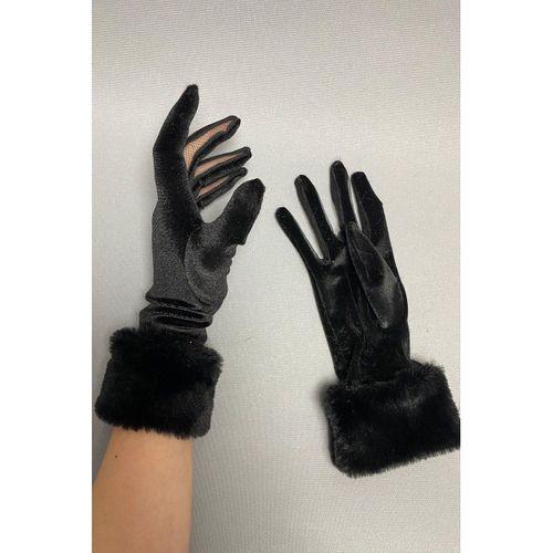 Siyah İpek Kadife Kürklü Eldiven