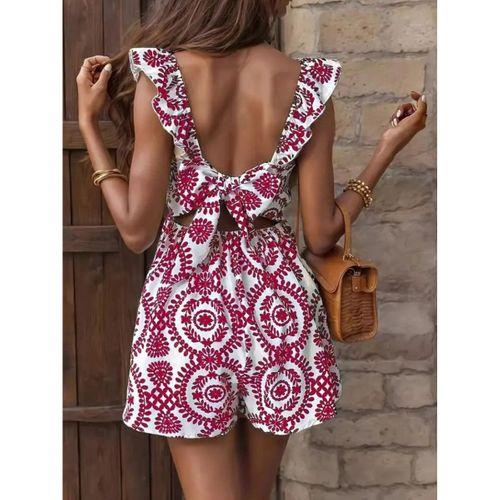 Kadın Askılı Kare Yakalı Arkadan Bağcıklı Desenli Keten Tulum