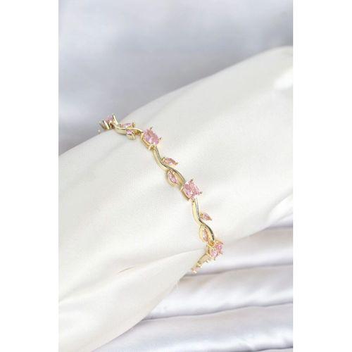 Pirinç Gold Renk Pembe Zirkon Taşlı Çiçek Model Kadın Bileklik