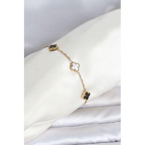 316L Çelik Gold Renk Siyah Beyaz Baby Yonca Model Kadın Bileklik