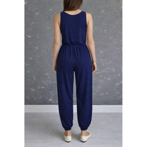 Kadın Askılı Yuvarlak Yakalı Cepli Viskon Tulum