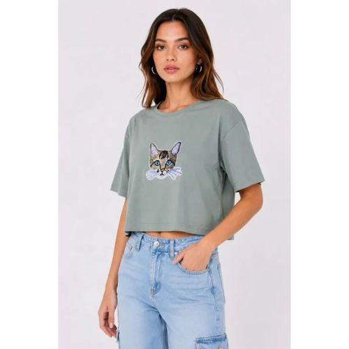 Kedi Baskılı Oversize Crop Tişört Salaş Basic Yarım Kol T-shirt - Mint Yeşili