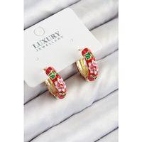 Pirinç Gold Renk Kırmızı Çiçek İşleme Mineli Kadın Küpe