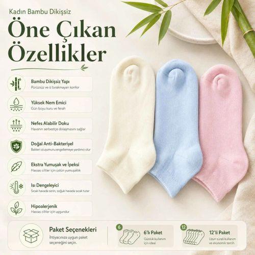 Kadın Bambu Dikişsiz Patik Çorap 6'lı | Nefes Alan Nem Emici Yumuşak, Krem Mavi Pembe