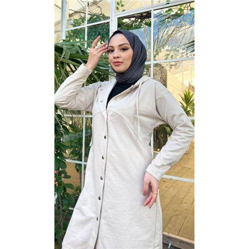 Çıtçıtlı Kapşonlu Uzun Tunik Pantolon İkili Tesettür Eşofman Takımı - 03078.027 - Ekru