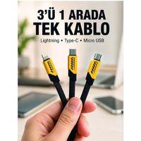 3'lü Şarj Kablosu Hızlı Şarj Destekli Dayanıklı Örgü Usb Kablo