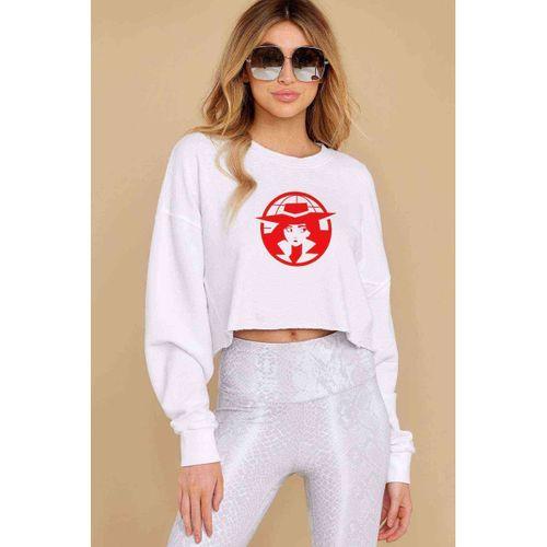 Carmen Sandiego Logo Red Baskılı Crop Kadın Beyaz Sweatshirt