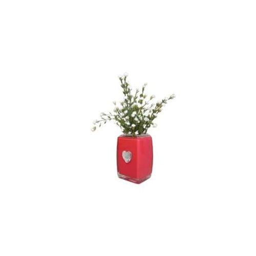 2 Adet Vazo Dahil,Vazoda Çiçek,Beyaz Yapay Çiçek,Vazo Dekoratif Kristal Taşlı Kırmızı Kalpli  6X6X16Cm