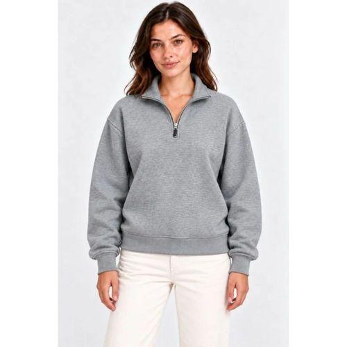 Üç İplik İçi Şardonlu Dik Yaka Yarım Fermuarlı Kışlık Sweatshirt - Grİ