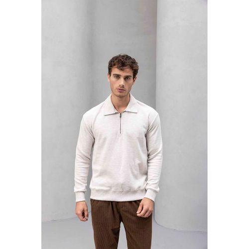 Eric Relax Fit Yarım Fermuarlı Polo Yaka Selanik Kumaş Erkek Sweatshirt - Taş