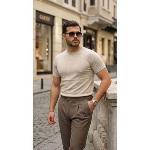 Erkek Basic Bisiklet Yaka Kısa Kollu Triko Tişört - %100 Pamuk Akrilik