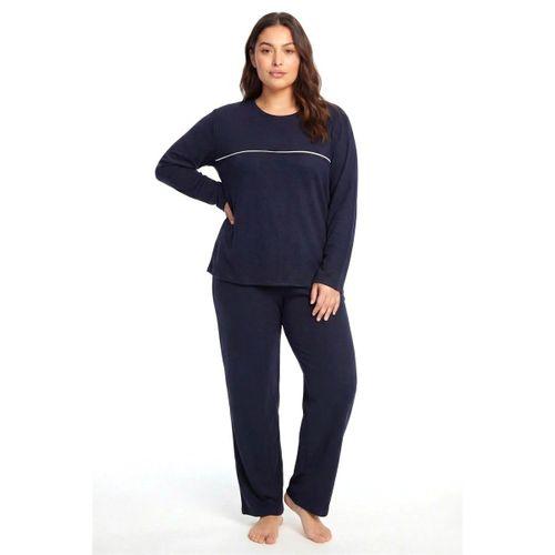 Kadın Büyük Beden Lacivert Uzun Kollu Pijama Takımı Şerit Detaylı Rahat Ev Giyim Seti