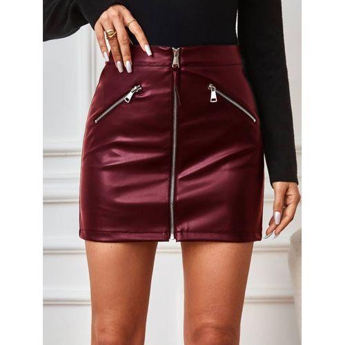 Kadın Yüksek Bel Fermuarlı Mini Deri Etek