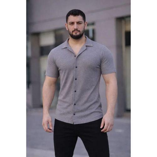 Erkek Waffle Kumaş Kısa Kollu Düğmeli Açık Yaka Regular Fit Gömlek - Gri