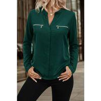 Kadın Uzun Kollu V Hakim Yaka Fermuar Detaylı Viskon Bluz