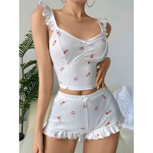 Kadın Gül Ve Kiraz Desenli Şortlu Gecelik Takım 5112