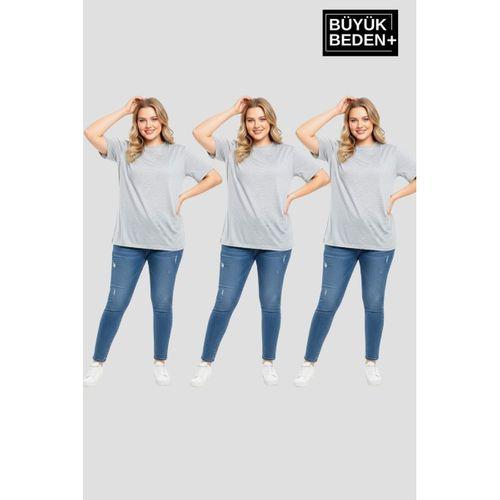 Büyük Beden Kadın Basic 3XL-6XL Bisiklet Yaka 3 lü Tişört Seti SPR26BTSK510+3