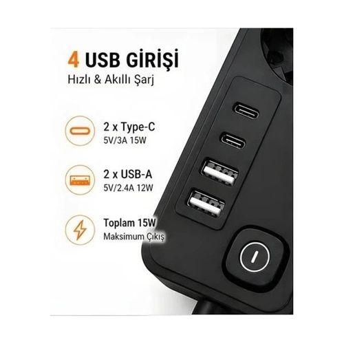 Akım Korumalı 5’li Priz 2xusb 2xtype-c Çıkış Akım Koruma Çoklu Priz Çoğaltıcı Anahtarlı Ftr-31 Siyah