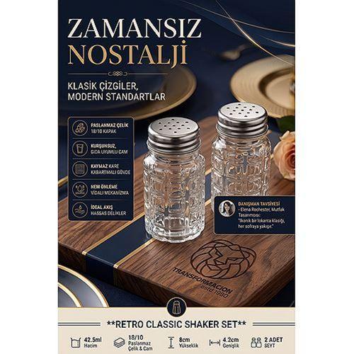 Retro 2li Cam Tuzluk Biberlik Seti Klasik Kare Kabartmalı Baharatlık Takımı Paslanmaz Çelik Vidalı Metal Kapaklı Lokanta Tipi Set 723492
