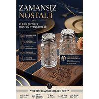 Retro 2li Cam Tuzluk Biberlik Seti Klasik Kare Kabartmalı Baharatlık Takımı Paslanmaz Çelik Vidalı Metal Kapaklı Lokanta Tipi Set 723492