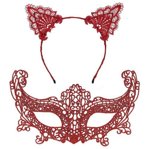Eğitici Çocuk Romantik Kırmızı Dantel Maske Seti – Kedi Kulaklı Taç ve Maske 3 No