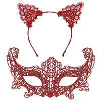 Eğitici Çocuk Romantik Kırmızı Dantel Maske Seti – Kedi Kulaklı Taç ve Maske 3 No