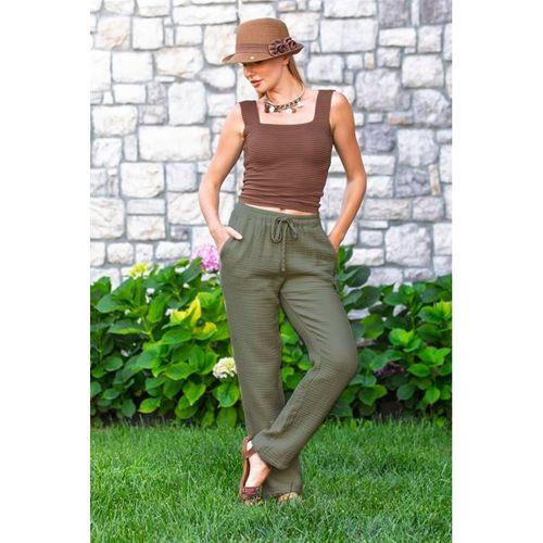 Beli Lastikli Multi Çift Cepli Müslin Kadın/Erkek Unisex Yazlık Pantolon Haki Hk