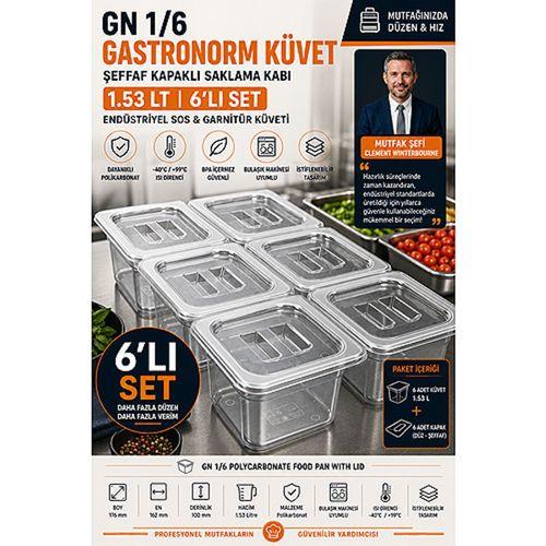 6 ADET GN 1/6 Polikarbonat Gastronorm Küvet Şeffaf Kapaklı Saklama Kabı 1.53 Lt Endüstriyel Sos Garnitür Küveti 723548