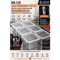 6 ADET GN 1/6 Polikarbonat Gastronorm Küvet Şeffaf Kapaklı Saklama Kabı 1.53 Lt Endüstriyel Sos Garnitür Küveti 723548
