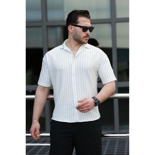 Apaş Yaka Krep Kumaş Çizgili Yarım Oversize Erkek Gömlek - Beyaz