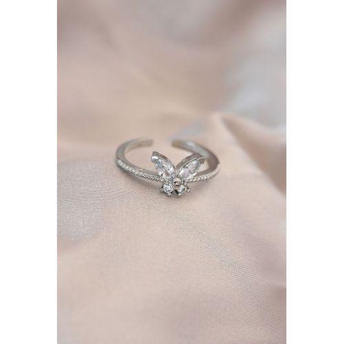 Ayarlamalı Gümüş Renk Metal Zirkon Taş ve Kristal Taşlı Kelebek Model Yüzük