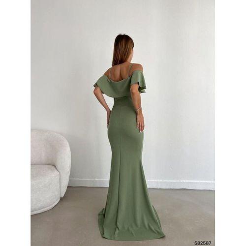 Kadın Dalgıç Krep Yırtmaç Detaylı Askılı Maxi Boy Elbise