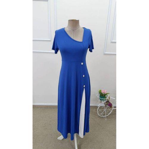 Kadın Kısa Kollu Asimetrik Yakalı Düğme Detaylı Midi Viskon Elbise