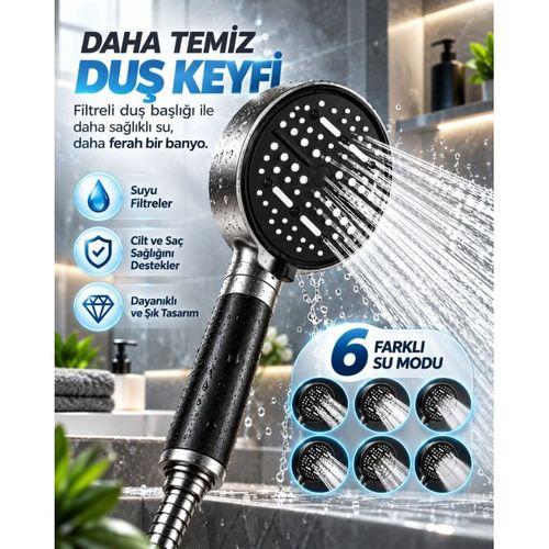 Çok Fonksiyonlu Filtreli Duş Başlığı 6 Farklı Sprey Modu Büyük Panel Siyah
