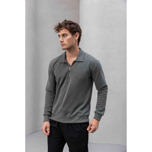 Eric Relax Fit Yarım Fermuarlı Polo Yaka Selanik Kumaş Erkek Sweatshirt - Avcı Yeşili