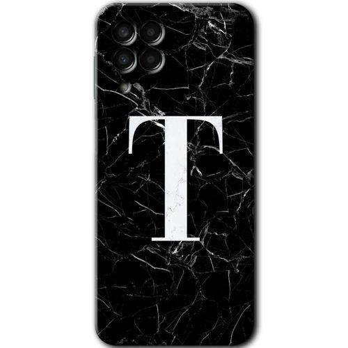MRCİLETİSİM Samsung Galaxy M33 Kılıf Baskılı Kapak - Siyah Mermer Desenli T Harfi + 5D Tam Kaplayan Cam